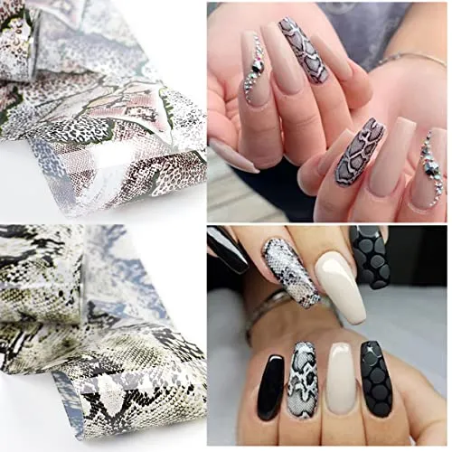 10 PCS Snake Nail Foil Transfer Stickers Snake Print Nail Art Supplies Foil Transfers Decals Snake Print Nail Foil Adhesive Sticker for Women Girls Nail Art Decoration DIY Manicure Design