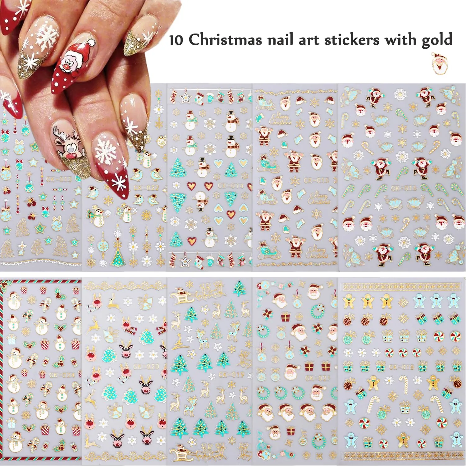 10 Sheets Christmas Nail Art Stickers 3D Self-Adhesive Gold Elk Santa Claus Socks Xmas Tree Designs Nail Decals Winter Cute Nail Supplies Gold Snowflake Nail Stickers for Women DIY Holiday Manicure