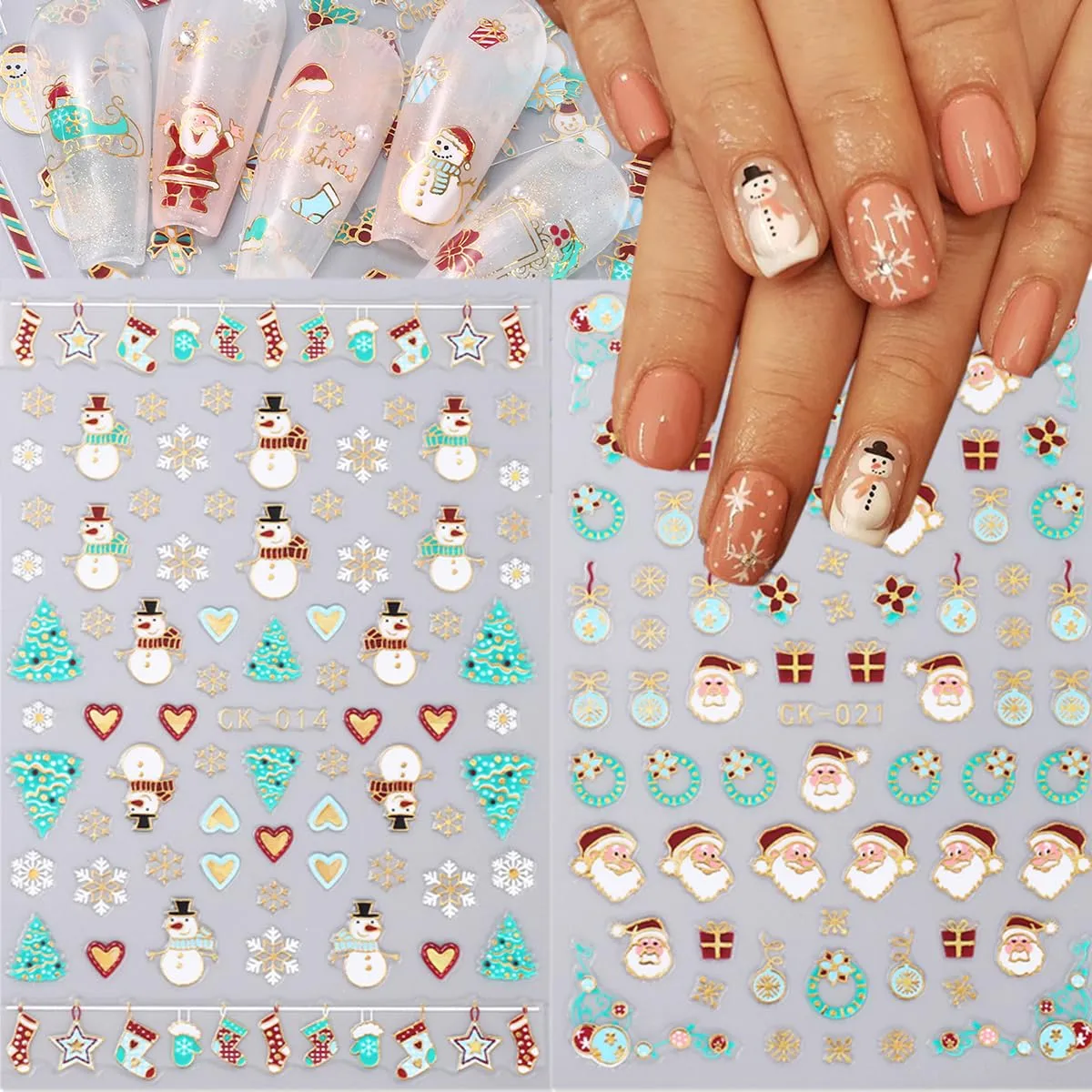 10 Sheets Christmas Nail Art Stickers 3D Self-Adhesive Gold Elk Santa Claus Socks Xmas Tree Designs Nail Decals Winter Cute Nail Supplies Gold Snowflake Nail Stickers for Women DIY Holiday Manicure