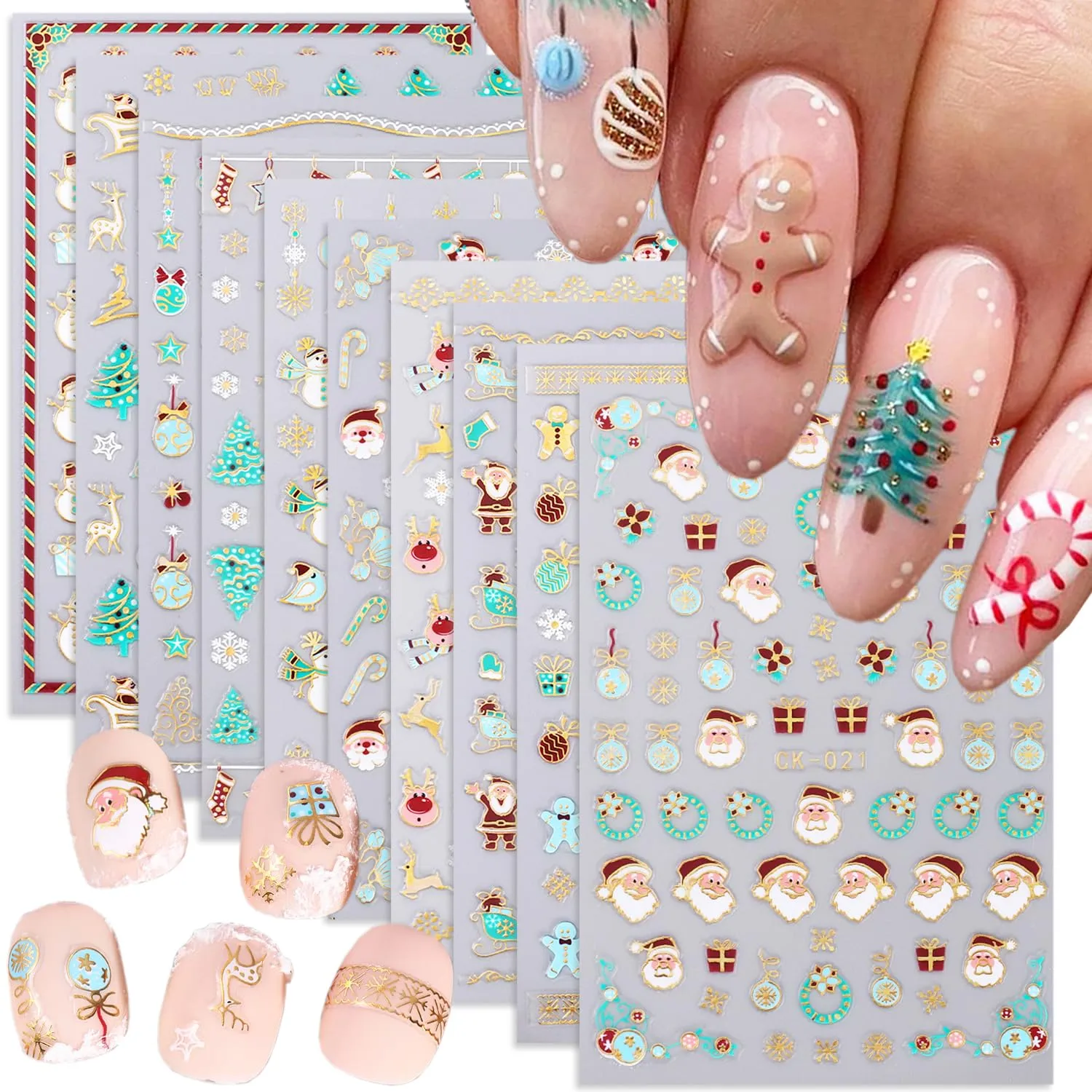 10 Sheets Christmas Nail Art Stickers 3D Self-Adhesive Gold Elk Santa Claus Socks Xmas Tree Designs Nail Decals Winter Cute Nail Supplies Gold Snowflake Nail Stickers for Women DIY Holiday Manicure