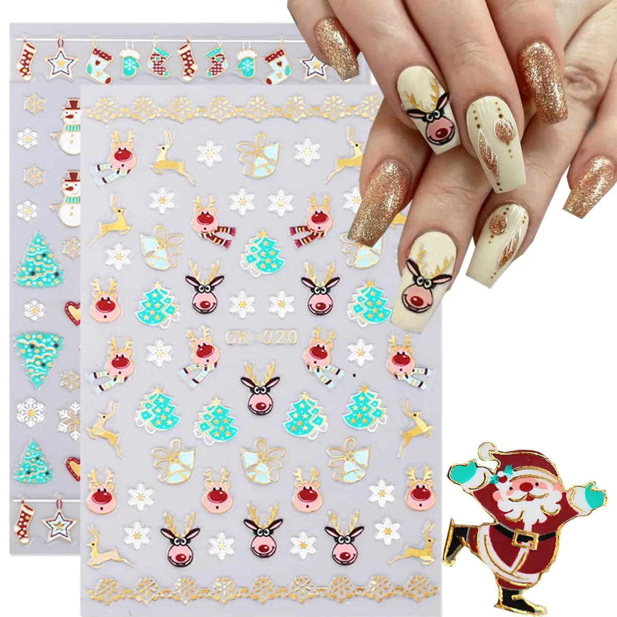 10 Sheets Christmas Nail Art Stickers 3D Self-Adhesive Gold Elk Santa Claus Socks Xmas Tree Designs Nail Decals Winter Cute Nail Supplies Gold Snowflake Nail Stickers for Women DIY Holiday Manicure