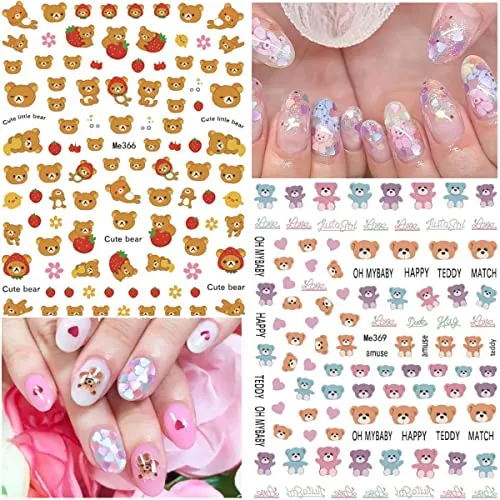 10 Sheets Cute Bear Nail Stickers Decal Cute Cartoon Nail Art Supplies 3D Self Adhesive Fashion Trend Little Bear Designer Nail Sticker Manicure DIY Nail Art Decorations Accessories for Women Girls