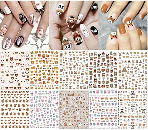 10 Sheets Cute Bear Nail Stickers Decal Cute Cartoon Nail Art Supplies 3D Self Adhesive Fashion Trend Little Bear Designer Nail Sticker Manicure DIY Nail Art Decorations Accessories for Women Girls