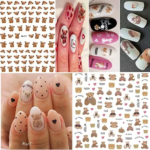 10 Sheets Cute Bear Nail Stickers Decal Cute Cartoon Nail Art Supplies 3D Self Adhesive Fashion Trend Little Bear Designer Nail Sticker Manicure DIY Nail Art Decorations Accessories for Women Girls