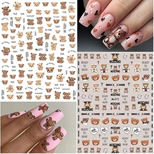 10 Sheets Cute Bear Nail Stickers Decal Cute Cartoon Nail Art Supplies 3D Self Adhesive Fashion Trend Little Bear Designer Nail Sticker Manicure DIY Nail Art Decorations Accessories for Women Girls