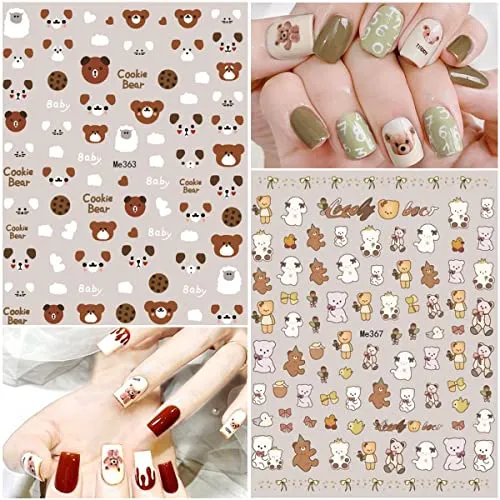 10 Sheets Cute Bear Nail Stickers Decal Cute Cartoon Nail Art Supplies 3D Self Adhesive Fashion Trend Little Bear Designer Nail Sticker Manicure DIY Nail Art Decorations Accessories for Women Girls