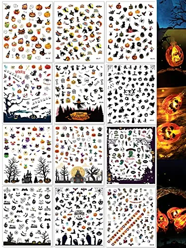 1000  Patterns Halloween Nail Stickers for Nails Art Decals, Lorvain Self-Adhesive 3D Nail Art Stickers Mixed Styles 12 Sheet for Women Girls Kids Halloween Party Decorations Nail Applique DIY Supplies