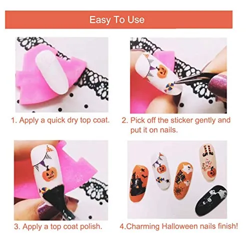 1000 Pcs Halloween Nail Decals Stickers, Self-Adhesive DIY Nail Art Tips Stencil for Halloween Party, Include Pumpkin/Bat/Ghost/Witch (12 Sheets)