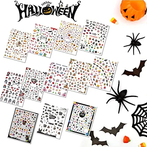 1000 Pcs Halloween Nail Decals Stickers, Self-Adhesive DIY Nail Art Tips Stencil for Halloween Party, Include Pumpkin/Bat/Ghost/Witch (12 Sheets)