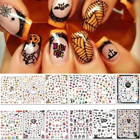 1000 Pcs Halloween Nail Decals Stickers, Self-Adhesive DIY Nail Art Tips Stencil for Halloween Party, Include Pumpkin/Bat/Ghost/Witch (12 Sheets)