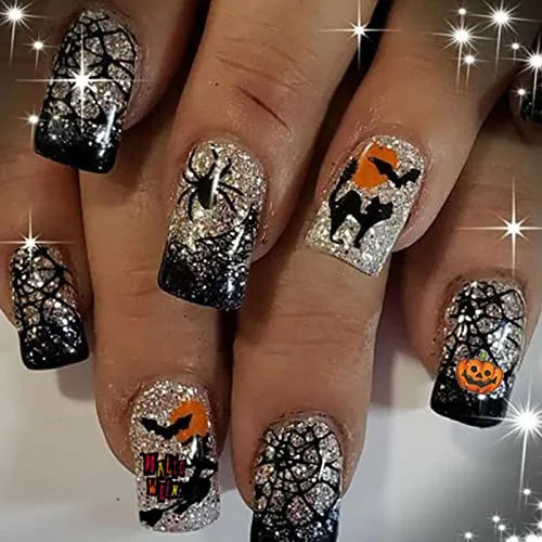 1000 Pcs Halloween Nail Decals Stickers, Self-Adhesive DIY Nail Art Tips Stencil for Halloween Party, Include Pumpkin/Bat/Ghost/Witch (12 Sheets)