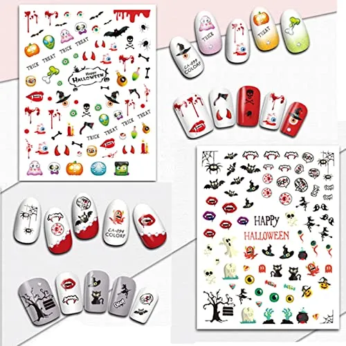 1000 Pcs Halloween Nail Decals Stickers, Self-Adhesive DIY Nail Art Tips Stencil for Halloween Party, Include Pumpkin/Bat/Ghost/Witch (12 Sheets)