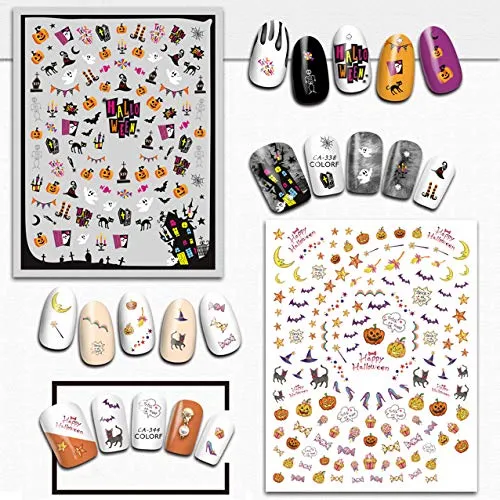 1000 Pcs Halloween Nail Decals Stickers, Self-Adhesive DIY Nail Art Tips Stencil for Halloween Party, Include Pumpkin/Bat/Ghost/Witch (12 Sheets)