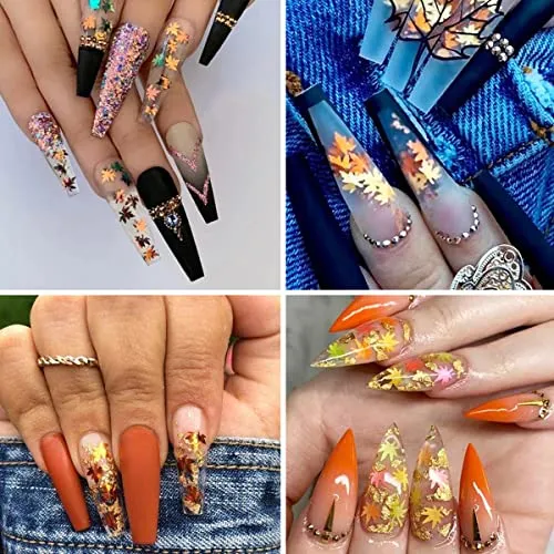 12 Grids 3D Maple Leaf Nail Glitter Sequins Fall Nail Art Stickers Decals Holographic Laser Leaves Designs Gold Yellow Red Orange Fall Glitter Nail Charms for Acrylic Nail Thanksgiving Decorations
