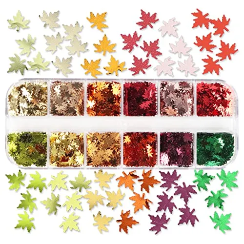 12 Grids 3D Maple Leaf Nail Glitter Sequins Fall Nail Art Stickers Decals Holographic Laser Leaves Designs Gold Yellow Red Orange Fall Glitter Nail Charms for Acrylic Nail Thanksgiving Decorations