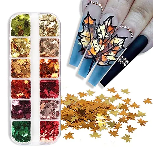 12 Grids 3D Maple Leaf Nail Glitter Sequins Fall Nail Art Stickers Decals Holographic Laser Leaves Designs Gold Yellow Red Orange Fall Glitter Nail Charms for Acrylic Nail Thanksgiving Decorations