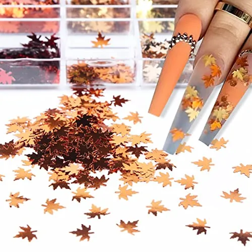 12 Grids 3D Maple Leaf Nail Glitter Sequins Fall Nail Art Stickers Decals Holographic Laser Leaves Designs Gold Yellow Red Orange Fall Glitter Nail Charms for Acrylic Nail Thanksgiving Decorations