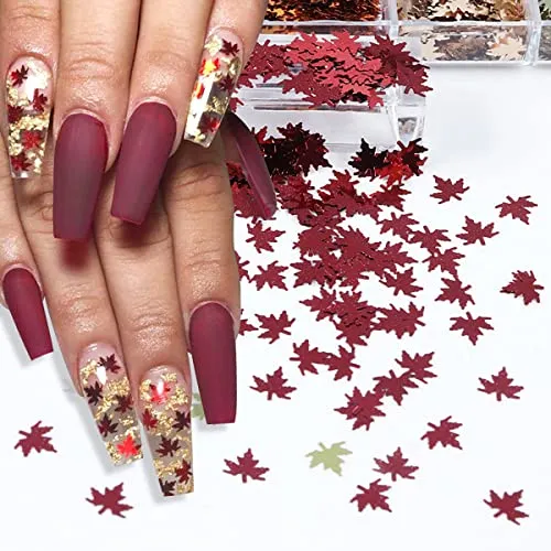 12 Grids 3D Maple Leaf Nail Glitter Sequins Fall Nail Art Stickers Decals Holographic Laser Leaves Designs Gold Yellow Red Orange Fall Glitter Nail Charms for Acrylic Nail Thanksgiving Decorations