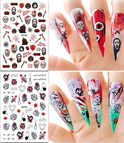 12 Sheets Halloween Nail Stickers 3D Self-Adhesive Nail Decals Halloween Nail Art Supplies Horror Gothic Bloody Zombie Blood Ghost Face Skull Nail Charms Designs Halloween Nail Decor Accessories