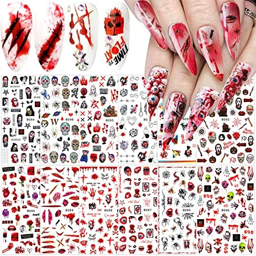 12 Sheets Halloween Nail Stickers 3D Self-Adhesive Nail Decals Halloween Nail Art Supplies Horror Gothic Bloody Zombie Blood Ghost Face Skull Nail Charms Designs Halloween Nail Decor Accessories