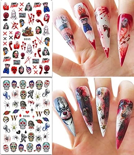 12 Sheets Halloween Nail Stickers 3D Self-Adhesive Nail Decals Halloween Nail Art Supplies Horror Gothic Bloody Zombie Blood Ghost Face Skull Nail Charms Designs Halloween Nail Decor Accessories