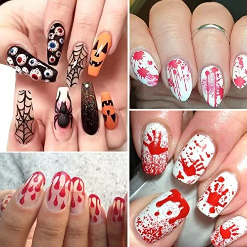 12 Sheets Halloween Nail Stickers 3D Self-Adhesive Nail Decals Halloween Nail Art Supplies Horror Gothic Bloody Zombie Blood Ghost Face Skull Nail Charms Designs Halloween Nail Decor Accessories