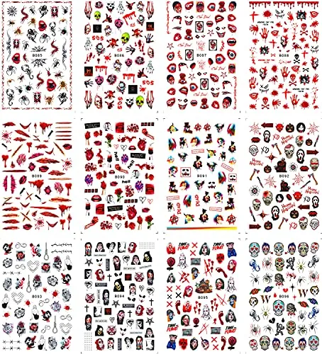 12 Sheets Halloween Nail Stickers 3D Self-Adhesive Nail Decals Halloween Nail Art Supplies Horror Gothic Bloody Zombie Blood Ghost Face Skull Nail Charms Designs Halloween Nail Decor Accessories