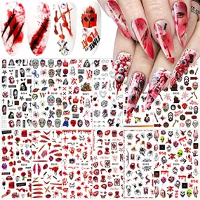 12 Sheets Halloween Nail Stickers 3D Self-Adhesive Nail Decals Halloween Nail Art Supplies Horror Gothic Bloody Zombie Blood Ghost Face Skull Nail Charms Designs Halloween Nail Decor Accessories