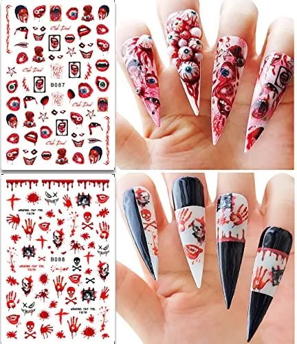 12 Sheets Halloween Nail Stickers 3D Self-Adhesive Nail Decals Halloween Nail Art Supplies Horror Gothic Bloody Zombie Blood Ghost Face Skull Nail Charms Designs Halloween Nail Decor Accessories