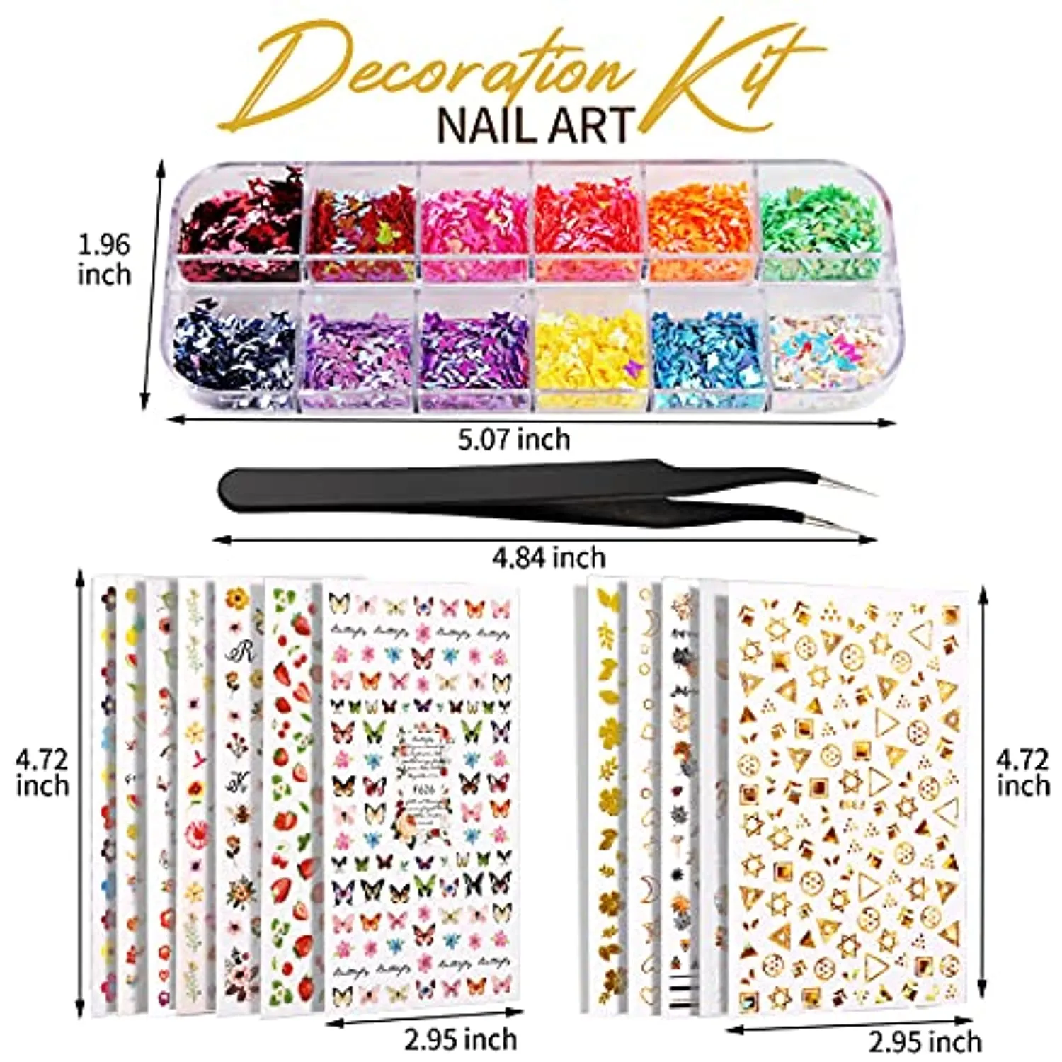 12 Sheets Nail Art Sticker 3D Self-Adhesive, Teenitor Nail Art Decoration with 5 Boxes Holographic Nail Art Glitter Flakes Butterfly Heart Star Maple Leaf Nail Sequins and Nail Art Flower Slices
