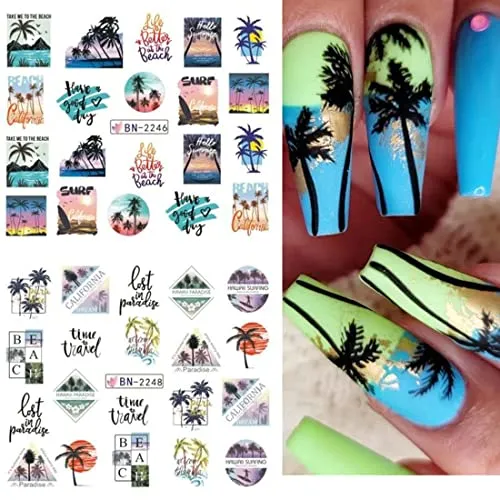 12pcs Summer Palm Tree Nail Art Stickers Decals Water Transfer Coconut Tree Nail Decals for Women Tropical Style Ocean Beach Nail Design Sticker for DIY Nail Art Decorations Manicure Tips Accessories