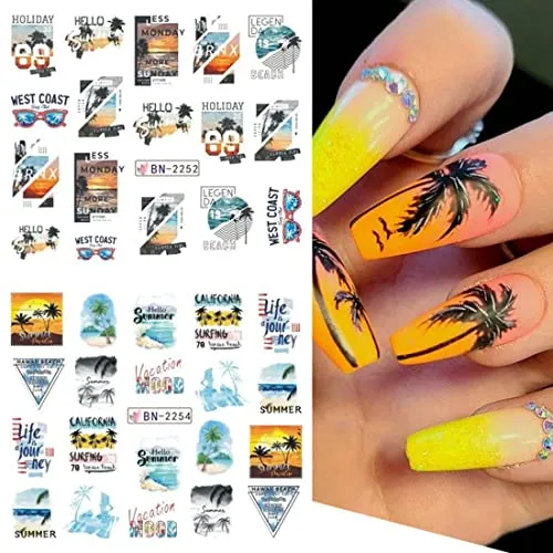 12pcs Summer Palm Tree Nail Art Stickers Decals Water Transfer Coconut Tree Nail Decals for Women Tropical Style Ocean Beach Nail Design Sticker for DIY Nail Art Decorations Manicure Tips Accessories