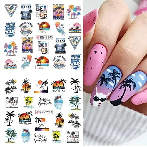 12pcs Summer Palm Tree Nail Art Stickers Decals Water Transfer Coconut Tree Nail Decals for Women Tropical Style Ocean Beach Nail Design Sticker for DIY Nail Art Decorations Manicure Tips Accessories