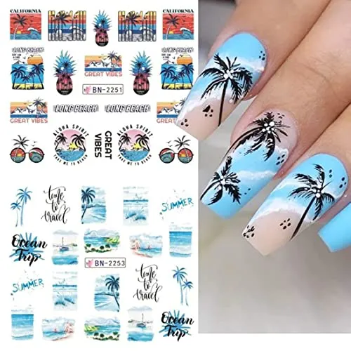 12pcs Summer Palm Tree Nail Art Stickers Decals Water Transfer Coconut Tree Nail Decals for Women Tropical Style Ocean Beach Nail Design Sticker for DIY Nail Art Decorations Manicure Tips Accessories