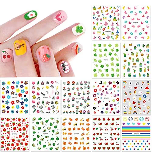 14 Sheets Nail Stickers for Women and Little Girls Nail Art Decoration - 3D Self-Adhesive DIY Nail Decals Set Including Hearts Fruits Flowers Animals Rainbow Nail Art Stickers for Woman Kids Girls