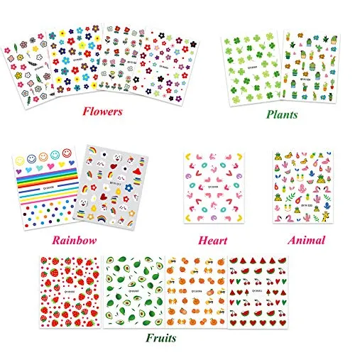 14 Sheets Nail Stickers for Women and Little Girls Nail Art Decoration - 3D Self-Adhesive DIY Nail Decals Set Including Hearts Fruits Flowers Animals Rainbow Nail Art Stickers for Woman Kids Girls