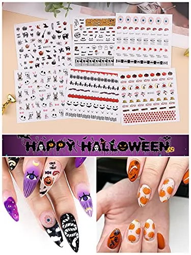 1600 Pcs Halloween Nail Art Stickers Decals, Kalolary 3D Self-Adhesive DIY Nail Art Decals Stickers with Pumpkin Bat Ghost Skull Cats Devil Nails Design for Halloween Party Nails Decorations