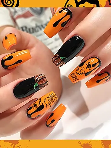 1600 Pcs Halloween Nail Art Stickers Decals, Kalolary 3D Self-Adhesive DIY Nail Art Decals Stickers with Pumpkin Bat Ghost Skull Cats Devil Nails Design for Halloween Party Nails Decorations