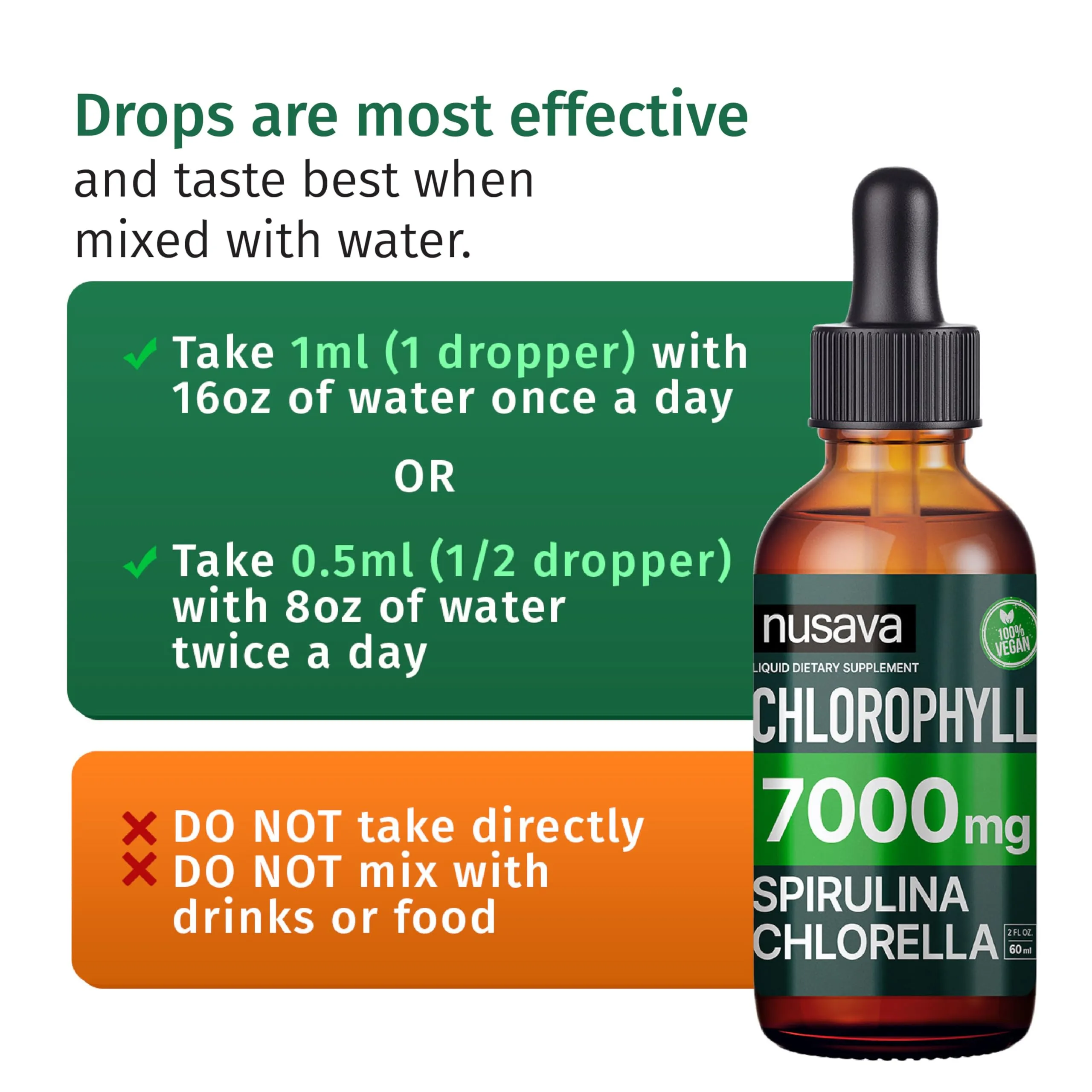 (2 Pack) Vegan Chlorophyll Liquid Drops 7000mg for Immune Support, Energy, Gut & Skin Health, 4-in-1 Liquid Chlorophyll Drops - 100mg, Spirulina, Chlorella, & Copper - Internal Deodorant, 4 Fl Oz
