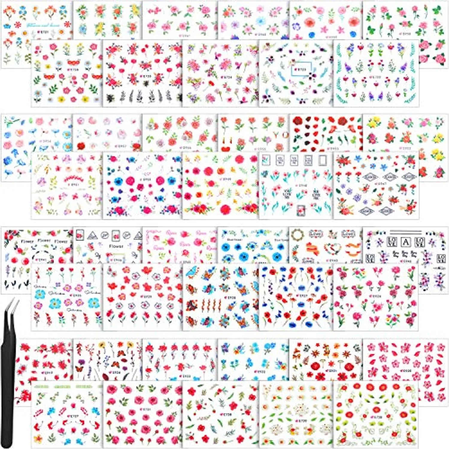 2000  Pieces Nail Art Stickers Adhesive 3D Nail Decals Stickers Leaf Flower Butterfly Nail Stickers with Tweezers for Women Girls DIY Nails Decorations Favors (Flower Themed Series)