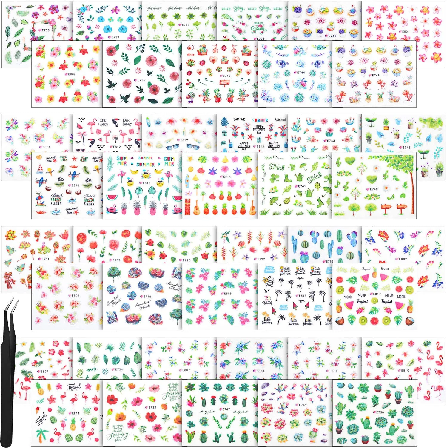 2000  Pieces Nail Art Stickers Adhesive 3D Nail Decals Stickers Leaf Flower Butterfly Nail Stickers with Tweezers for Women Girls DIY Nails Decorations Favors (Flower Themed Series)