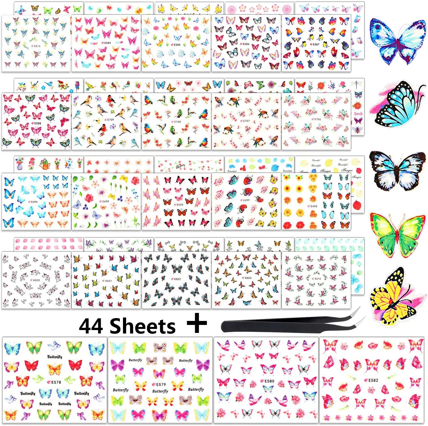 2000  Pieces Nail Art Stickers Adhesive 3D Nail Decals Stickers Leaf Flower Butterfly Nail Stickers with Tweezers for Women Girls DIY Nails Decorations Favors (Flower Themed Series)