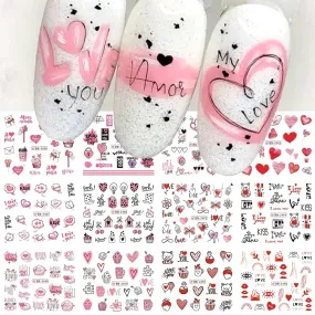 24Pcs Valentine's Day Nail Art Stickers - Heart Nail Water Decals Transfer Foils Valentine's Series Sticker for Nails Red Love Heart Letters Flower Cute Bear DIY Charms Manicure Decorations Supplies