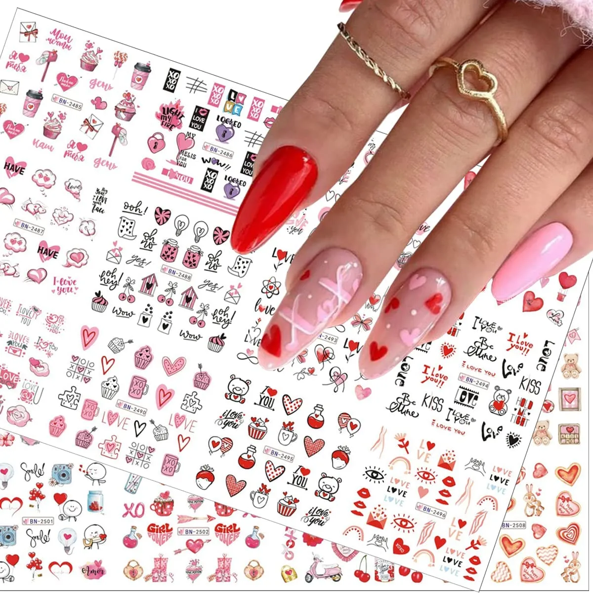24Pcs Valentine's Day Nail Art Stickers - Heart Nail Water Decals Transfer Foils Valentine's Series Sticker for Nails Red Love Heart Letters Flower Cute Bear DIY Charms Manicure Decorations Supplies