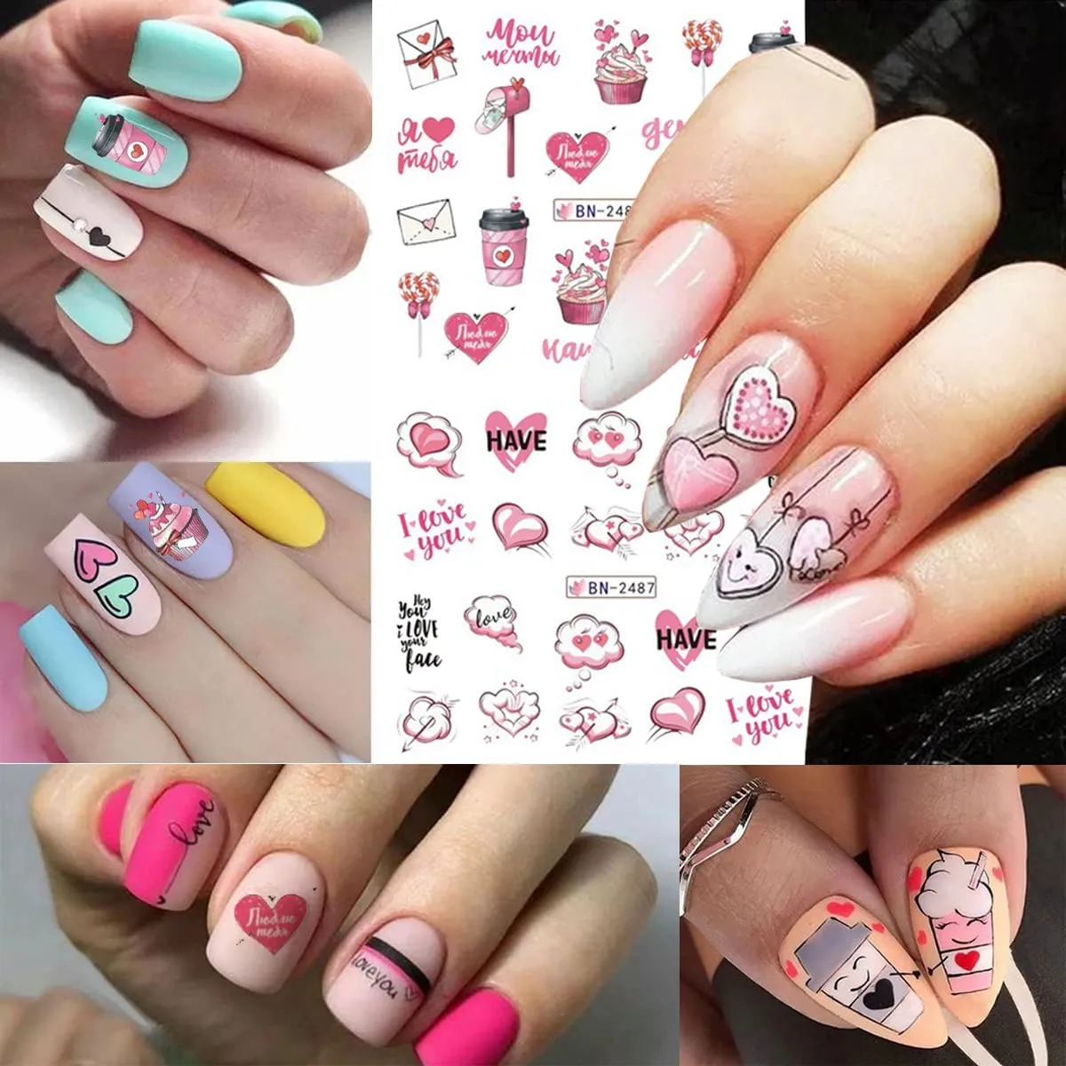 24Pcs Valentine's Day Nail Art Stickers - Heart Nail Water Decals Transfer Foils Valentine's Series Sticker for Nails Red Love Heart Letters Flower Cute Bear DIY Charms Manicure Decorations Supplies