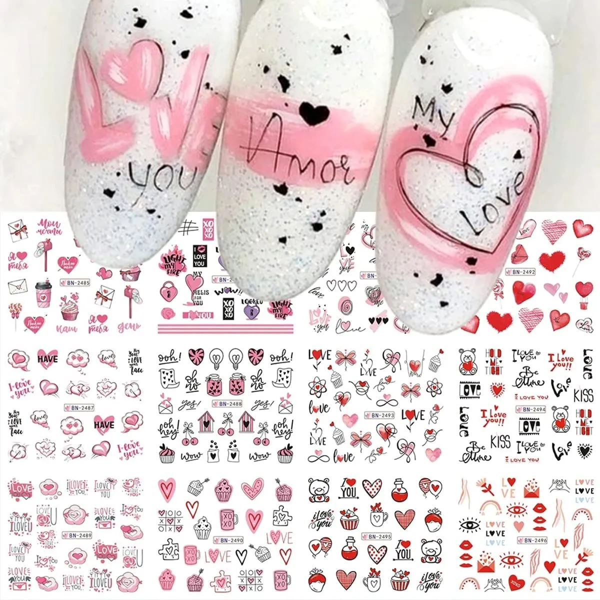 24Pcs Valentine's Day Nail Art Stickers - Heart Nail Water Decals Transfer Foils Valentine's Series Sticker for Nails Red Love Heart Letters Flower Cute Bear DIY Charms Manicure Decorations Supplies