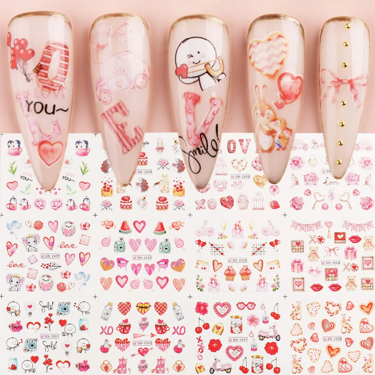 24Pcs Valentine's Day Nail Art Stickers - Heart Nail Water Decals Transfer Foils Valentine's Series Sticker for Nails Red Love Heart Letters Flower Cute Bear DIY Charms Manicure Decorations Supplies