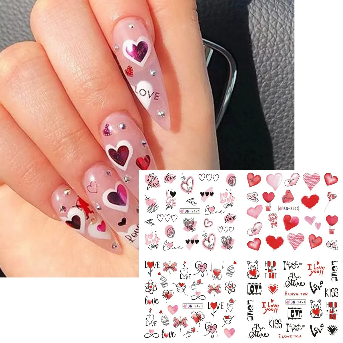 24Pcs Valentine's Day Nail Art Stickers - Heart Nail Water Decals Transfer Foils Valentine's Series Sticker for Nails Red Love Heart Letters Flower Cute Bear DIY Charms Manicure Decorations Supplies
