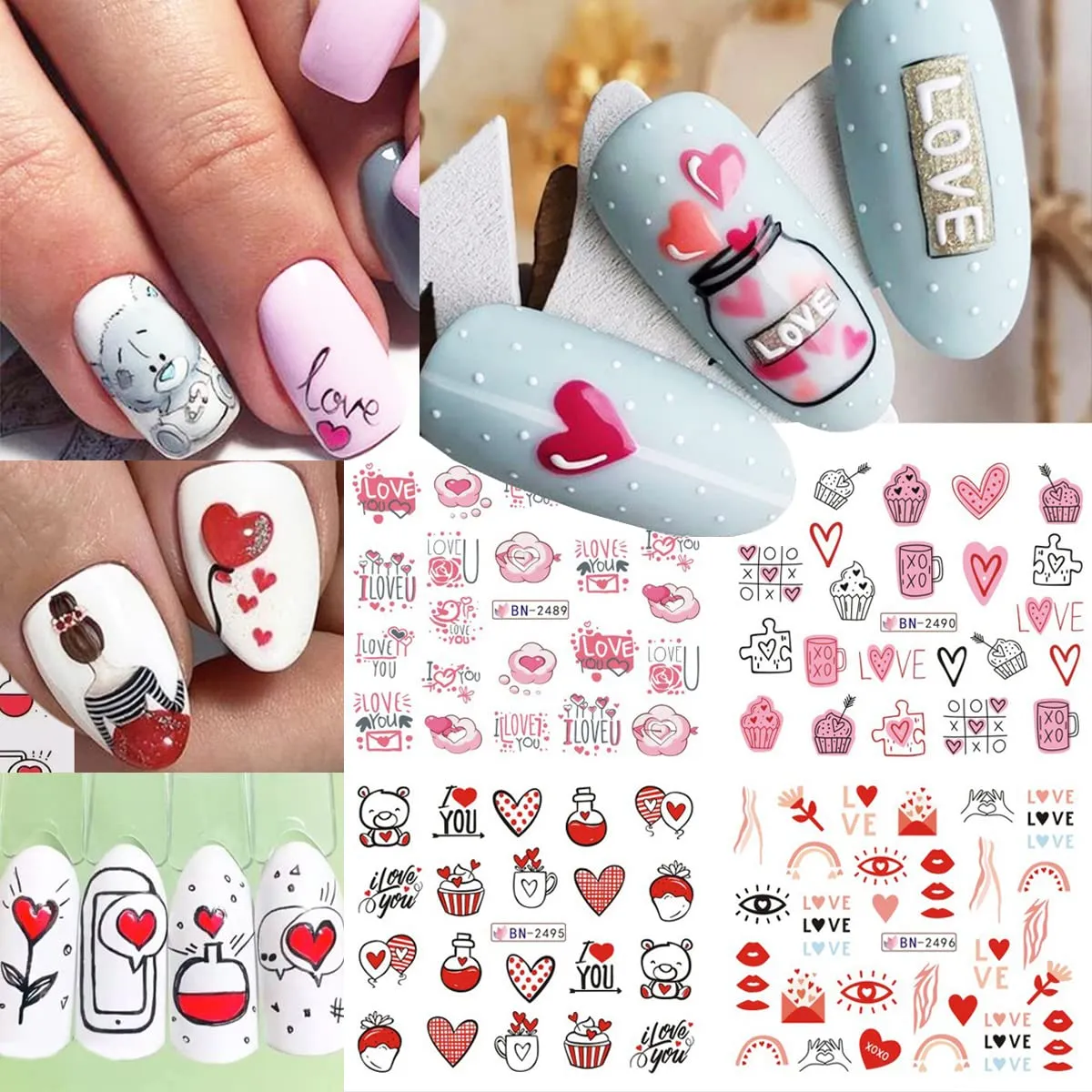 24Pcs Valentine's Day Nail Art Stickers - Heart Nail Water Decals Transfer Foils Valentine's Series Sticker for Nails Red Love Heart Letters Flower Cute Bear DIY Charms Manicure Decorations Supplies