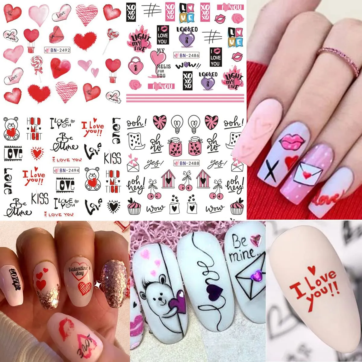 24Pcs Valentine's Day Nail Art Stickers - Heart Nail Water Decals Transfer Foils Valentine's Series Sticker for Nails Red Love Heart Letters Flower Cute Bear DIY Charms Manicure Decorations Supplies